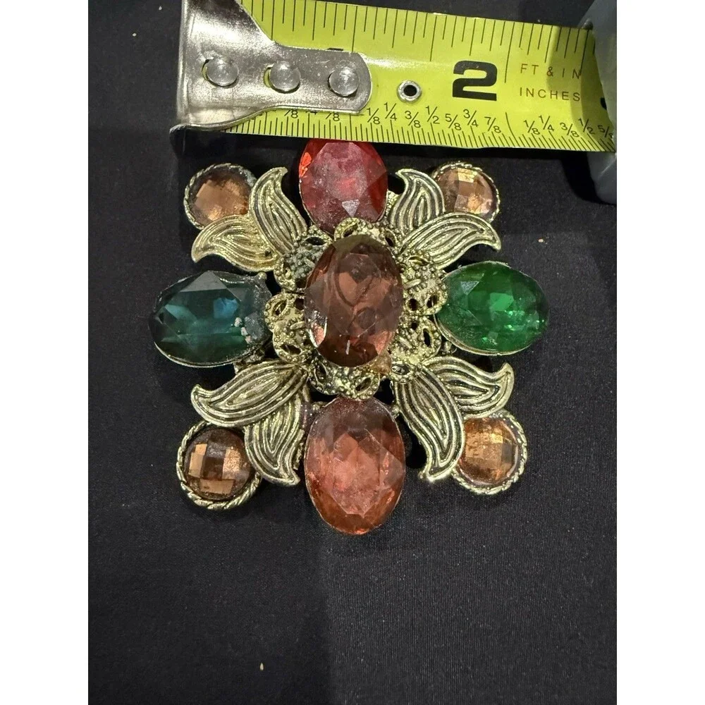 Large Gold Tone Floral Brooch - Multi-Color Faux Gemstone Pin Costume Jewelry